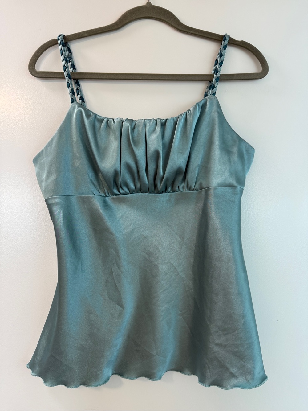 BCX Teal Satin Ruched Bust Camisole with Braided Straps